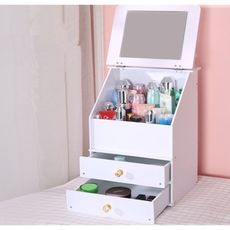 一件免運 防塵 桌面化妝品收納盒 簡約 帶鏡子梳妝臺 護膚品儲物盒 抽屜式化妝盒 小化妝臺 置物架