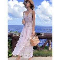 優樂美家居 吊帶長裙 沙灘裙 超仙 普吉島泰國海邊度假露背連衣裙 仙女裙 chic溫柔