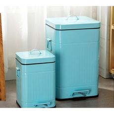 簡約地中海風格家用垃圾桶 美式田園腳踏式帶蓋羅馬紋鐵質 分離式便攜垃圾筒 - 12升藍色