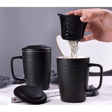 马克杯 陶瓷 带盖 勺过滤泡茶杯 粗陶杯子 办公室 水杯 大容量 咖 啡杯创意