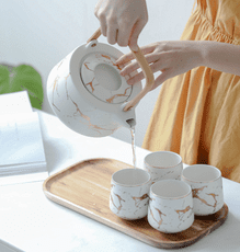 北歐輕奢金邊大理石紋陶瓷家用整套裝茶壺茶具配實木托盤咖啡具組