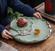 日式陶瓷茶盤家用大號排水式幹泡盤功夫茶具茶台複古簡約托盤小號