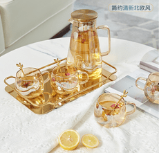 輕奢涼水壺 玻璃耐高溫家用水杯套裝 家居客廳茶幾茶具軟裝飾品