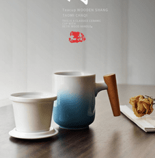 木柄馬克杯帶蓋勺陶瓷泡大容量茶杯過濾辦公室咖啡杯花茶水杯 榉木手柄防燙濾