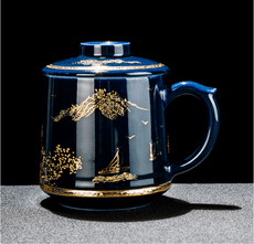 青花瓷辦公杯茶具商務陶瓷杯帶蓋大容量杯子帶把老板杯禮盒裝