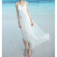 優樂美家居 真絲連衣裙女夏2019新款 蠶絲超仙顯瘦吊帶長裙 白色沙灘裙巴厘島