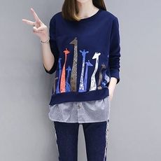 ＊ORead＊韓版長頸鹿印花圓領假兩件上衣(2色S~2XL)