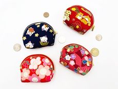 日本花布 日式風格大花朵零錢包 吉祥物招財貓零錢包