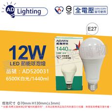 【ADATA威剛照明】LED 12W 6500K 白光 E27 全電壓 球泡燈 節能商標