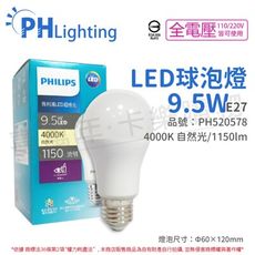 【PHILIPS飛利浦】真彩版 LED 9.5W E27 4000K 自然光 超極光 球泡燈