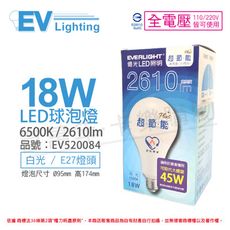 【EVERLIGHT億光】LED 18W 6500K 白光 全電壓 E27 節能標章 球泡燈