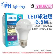 【PHILIPS飛利浦】LED 6.5W E27 4000K 全電壓 自然光 超極光 真彩版 球泡燈