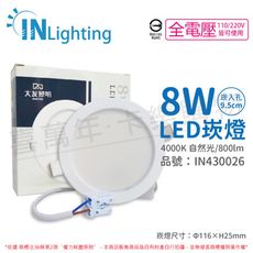 【大友照明innotek】LED 8W 4000K 自然光 全電壓 9.5cm 崁燈