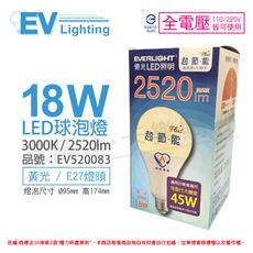 【EVERLIGHT億光】LED 18W 3000K 黃光 全電壓 E27 節能標章 球泡燈