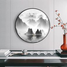 新中式裝飾畫 禅意山水畫 玄關餐廳圓形挂畫 書房茶室背景牆客廳壁畫