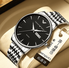 新款男士手表 防水鋼帶腕表 商務雙日曆石英男手表 送禮佳品 輕奢簡約手錶