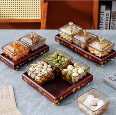 果盤零食盤 中式水果盤 家用客廳帶蓋玻璃幹創意網紅糖果盒 分格收納盤