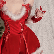聖誕節服裝 女絲絨吊帶睡裙 聖誕裝睡衣女 蕾絲套裝 顯瘦收腰 修身性感