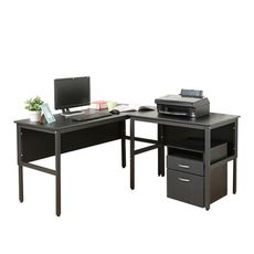 《DFhouse》頂楓150+90公分大L型工作桌+活動櫃-黑橡色