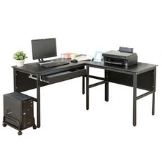 《DFhouse》頂楓150+90公分大L型工作桌+1抽屜+主機架-黑橡色