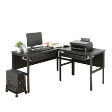 《DFhouse》頂楓150+90公分大L型工作桌+2抽屜+主機架-黑橡色
