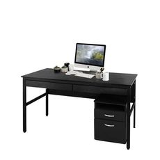 《DFhouse》巴菲特電腦辦公桌+雙抽屜+活動櫃-黑橡色 工作桌 電腦桌椅 辦公桌椅 書桌椅 臥室