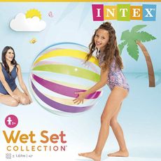 【居家寶盒】INTEX 七彩條紋特大充氣遊戲球 海灘球 充氣球 玩具球 夏天玩水 幼兒園充氣球