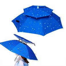 【居家寶盒】77CM雙層頭戴式雨傘 黑膠二折 晴雨兩用 戶外釣魚雨傘帽 防曬遮陽傘 橡膠頭圈