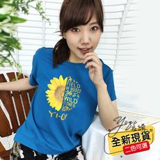 春夏純棉上衣開叉修身T恤向日葵字母印花寬鬆女裝(共二色)-S3039衣綺