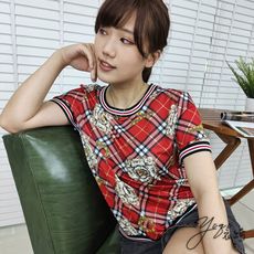 衣綺格紋印花織帶滾邊寬鬆女生休閒上衣-S3061