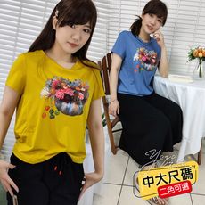 盆栽花卉印花圖T修身圓領百搭上衣(共二色)-S3125衣綺衣著中大尺碼女裝
