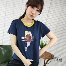 衣綺地圖印花撞色圓領開叉修身T恤-二色可選22197
