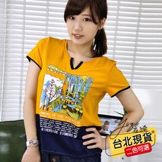 中大尺碼修身撞色V袖印花上衣顯瘦T恤女裝(共二色)-22213衣綺女裝