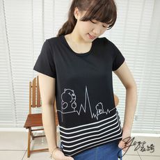心電小熊印花條紋休閒寬鬆上衣-S3119中大尺碼黑色T恤