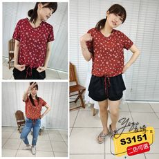 蝴蝶碎花棉麻綁帶寬鬆上衣-S3151二色可選中大尺碼女裝