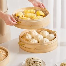 蒸籠家用竹製小籠包商用蒸鍋籠屜包子饅頭蒸架青皮竹編篦子小蒸格 外徑18CM【三籠一蓋】送3片蒸布