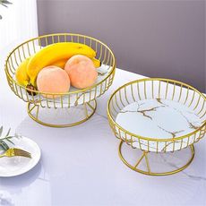歐式輕奢水果盤創意客廳家用茶幾裝飾擺件糖果甜品架零食擺放托盤 大號-白金大理石紋