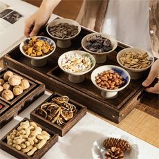 中式圍爐煮茶點心盤木質果茶盤下午茶托盤糕點擺盤幹果盤 【3件套】桐木托盤