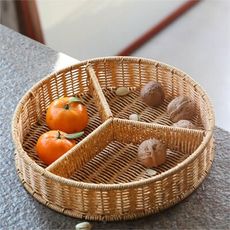 北歐風水果盤客廳家用分格茶點零食糖果盒仿藤編幹果籃堅果盤 迷你圓碟