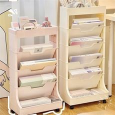 書本收納架小推車學生書桌旁宿舍桌邊桌上書架文具置物架移動帶輪 奶黃色四層 粉色四層