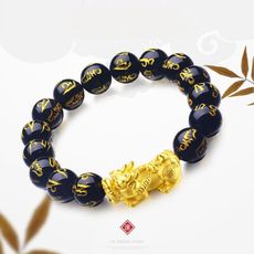 沙金貔貅 六字大明咒六字箴言觀音心咒 仿黑瑪瑙手珠串手鍊(14mm+大貔貅)