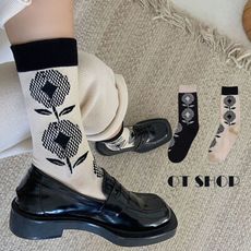 OT SHOP[現貨]襪子 中筒襪 運動襪 女款 棉質 黑玫瑰 撞色 復古文青 個性潮流 M1146