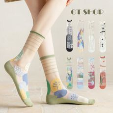 女款襪子 透膚絲襪 玻璃襪 中筒襪 捲邊襪口 撞色 刺繡圖案 甜美 現貨 M1209 OT SHOP