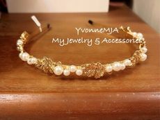 *~YvonneMJA~*時尚精品配件 韓國製造 金色樹葉珍珠髮箍 現貨 髮圈