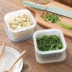 歐文購物 蔥花保鮮盒 塑料方形配料冷藏盒帶蓋冰箱瀝水收納盒薑蒜水果保鮮