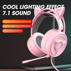 【造型耳機】粉紅貓耳機頭戴式有線耳機 競電專用耳機 HiFi立體耳機