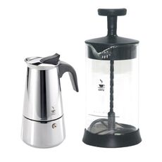 【GEFU】德國品牌不鏽鋼濃縮咖啡壺(2杯)+270ml耐熱玻璃奶泡器