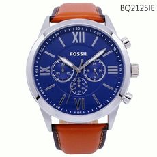 FOSSIL 美國最受歡迎頂尖運動時尚三眼計時皮革腕錶-藍+咖啡-BQ2125IE