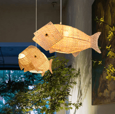 80*30CM 造型燈 吧臺燈 吊燈 魚形吊燈 鯉魚裝飾燈創意個性茶樓農家樂燈日式料理餐廳燈竹編燈