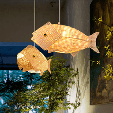 造型燈 吧臺燈 吊燈 45*20CM 魚形吊燈 鯉魚裝飾燈創意個性茶樓農家樂燈日式料理餐廳竹編燈具